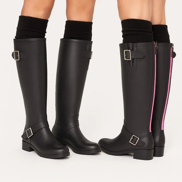 Steve Madden Tsunami Tall Rubber Black/Pink Detail Rain Boots Womens Size 8 - Picture 1 of 11